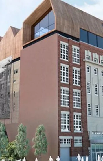 Architectural rendering of the redeveloped Stow Building, featuring a modern rooftop extension above the original red-brick façade and a large-scale wall mural. Architectural rendering of the redeveloped Stow Building, featuring a modern rooftop extension above the original red-brick façade and a large-scale wall mural.